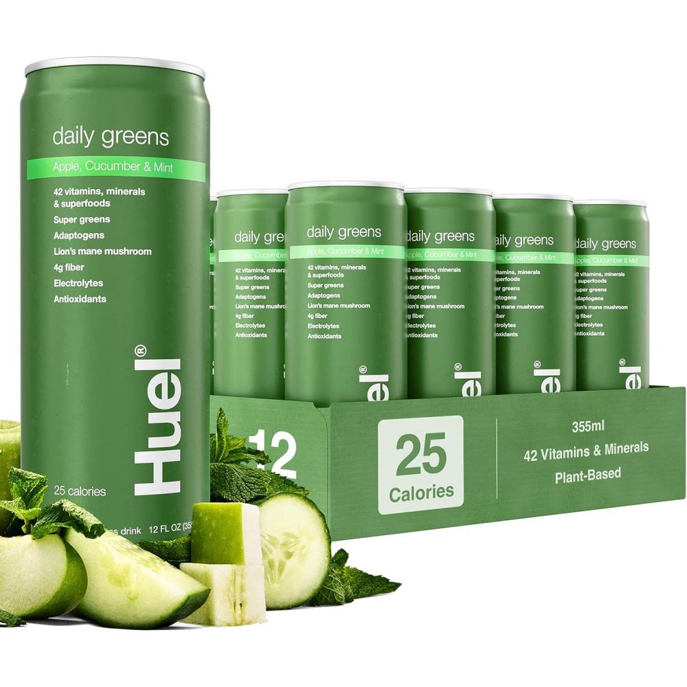 imageHuel Daily Greens ReadytoDrink  Blueberry Lemon Thyme Superfood Greens  91 Vitamins Minerals and WholefoodSourced Ingredients Adaptogens Antioxidants GutFriendly Probiotics 12 Fl Oz 12 PkApple Cucumber Mint