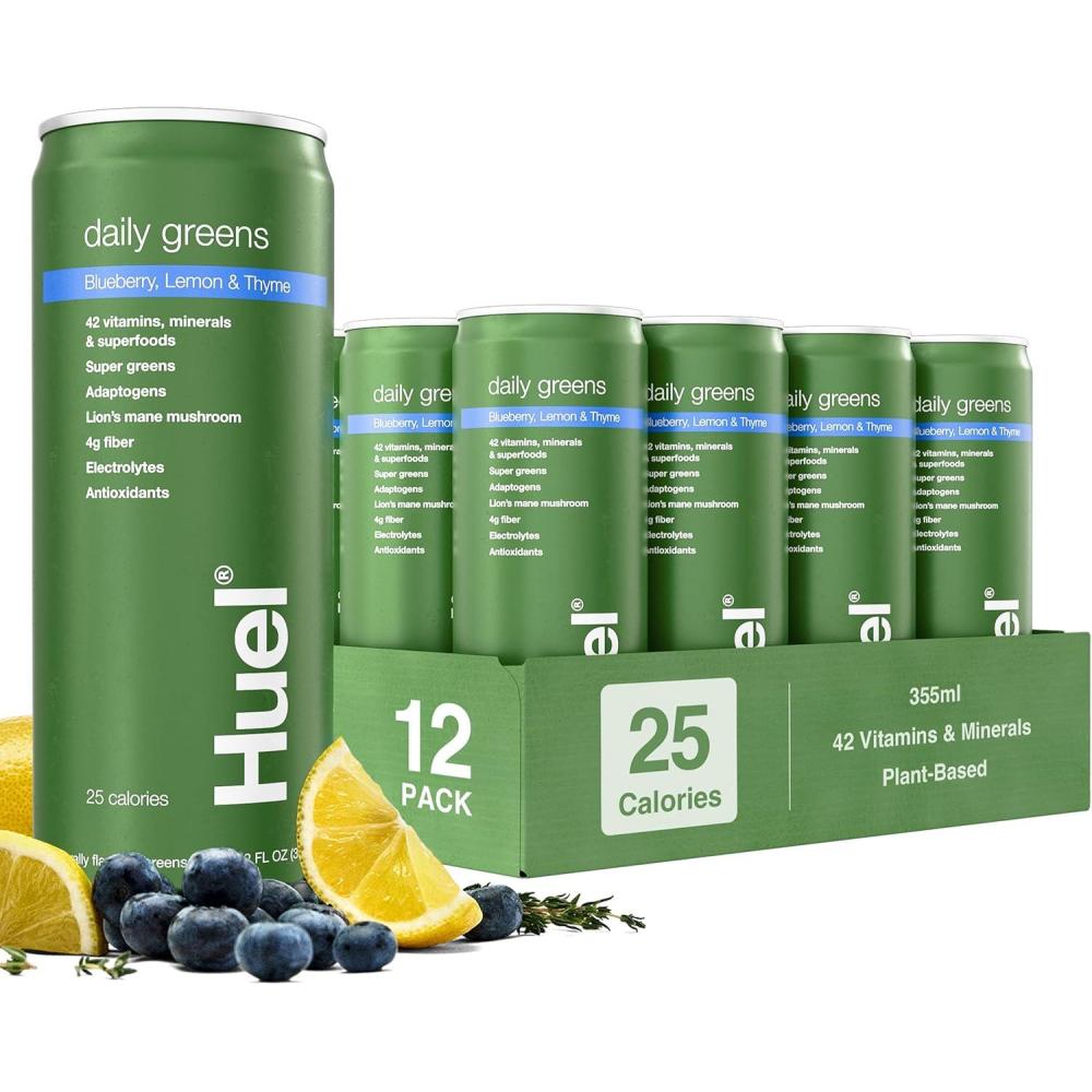 imageHuel Daily Greens ReadytoDrink  Blueberry Lemon Thyme Superfood Greens  91 Vitamins Minerals and WholefoodSourced Ingredients Adaptogens Antioxidants GutFriendly Probiotics 12 Fl Oz 12 PkBlueberry Lemon Thyme