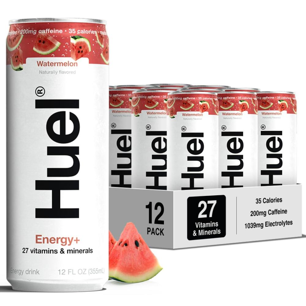imageHuel Energy  Watermelon Energy Drink  Refreshing PlantBased Drink with Real Fruit  200mg of Caffeine and 27 Vitamins amp Minerals  35 Calories per 12 FL Oz 12 PackWatermelon