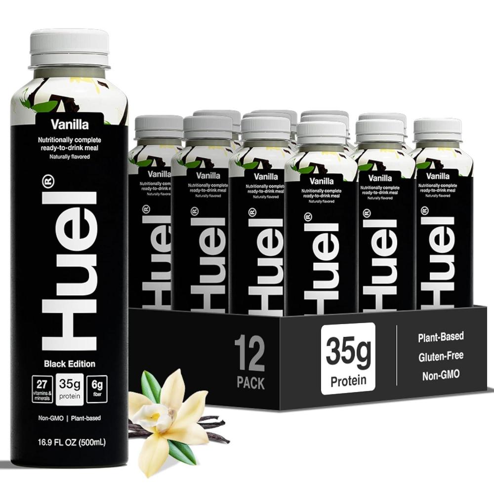 imageHuel ReadytoDrink  Salted Caramel Meal Replacement Drink  High Protein Drink  Nutritionally Complete Low Sugar High Fiber Plant Based Vegan Healthy  22g Protein Per Bottle 169 Fl Oz 12 PackBlack Edition Vanilla