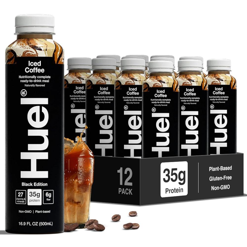 imageHuel ReadytoDrink  Salted Caramel Meal Replacement Drink  High Protein Drink  Nutritionally Complete Low Sugar High Fiber Plant Based Vegan Healthy  22g Protein Per Bottle 169 Fl Oz 12 PackBlack Edition Iced Coffee