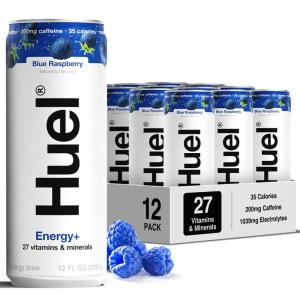 Huel Energy+ | Watermelon Energy Drink | Refreshing Plant-Based Drink with Real Fruit | 200mg of Caffeine and 27 Vitamins & Minerals | 35 Calories per 12 FL Oz, 12 Pack(Blue Raspberry)