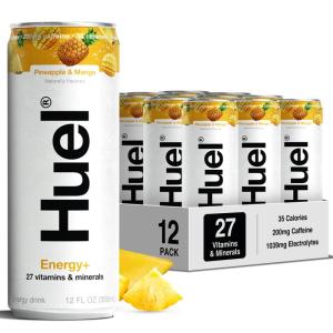 Huel Energy+ | Watermelon Energy Drink | Refreshing Plant-Based Drink with Real Fruit | 200mg of Caffeine and 27 Vitamins & Minerals | 35 Calories per 12 FL Oz, 12 Pack(Pineapple & Mango)