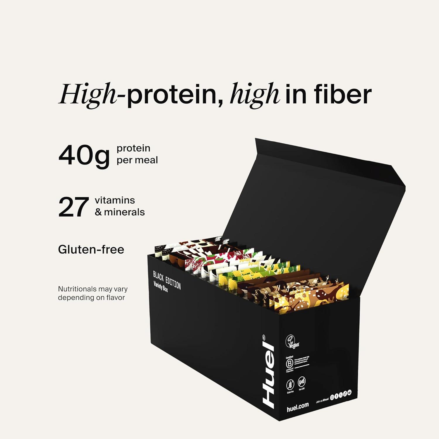 imageHuel Black Edition Variety Pack 40g Vegan Protein Powder Nutritionally Complete Meal Replacement 27 Vitamins and Minerals Gluten Free 16 Single Serving PacketsVariety