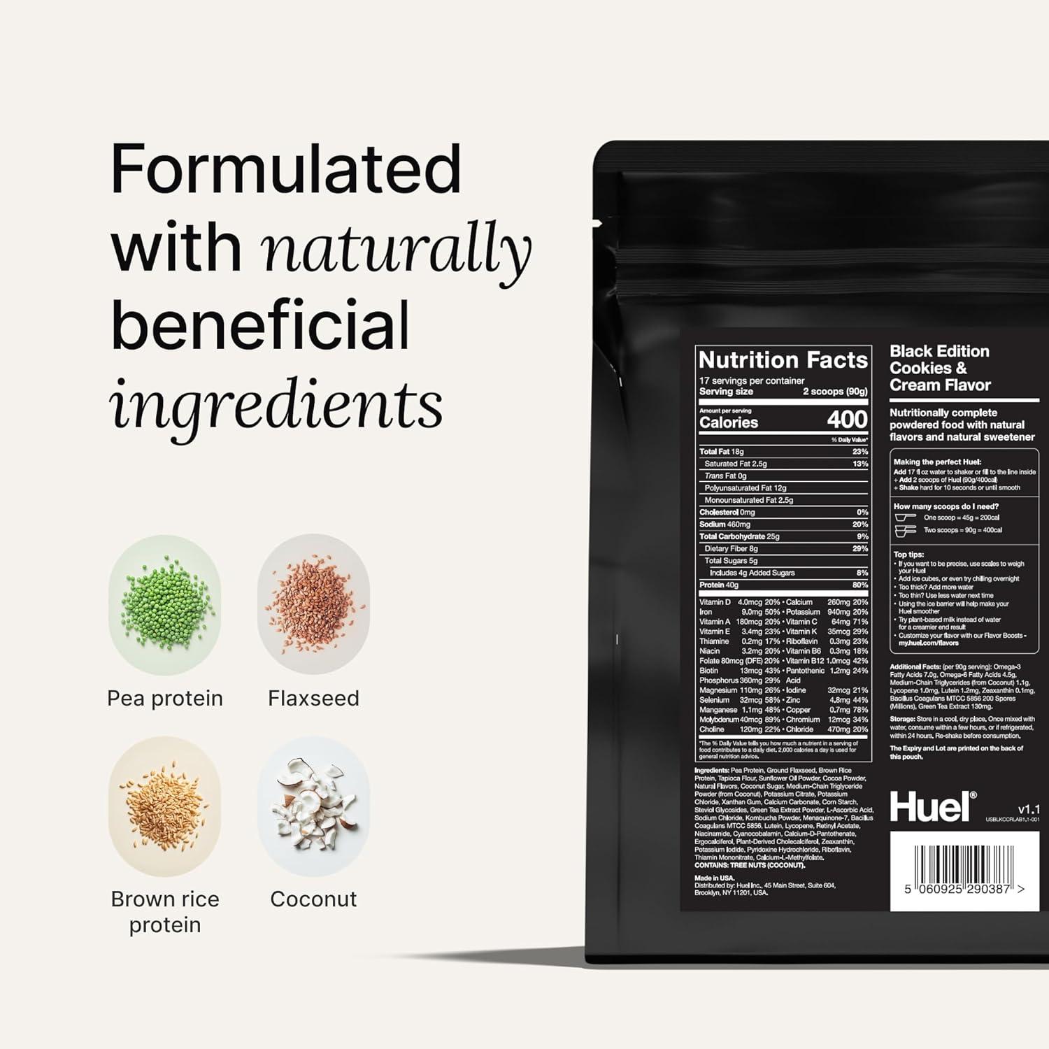 imageHuel Black Edition Variety Pack 40g Vegan Protein Powder Nutritionally Complete Meal Replacement 27 Vitamins and Minerals Gluten Free 16 Single Serving PacketsCookies and Cream