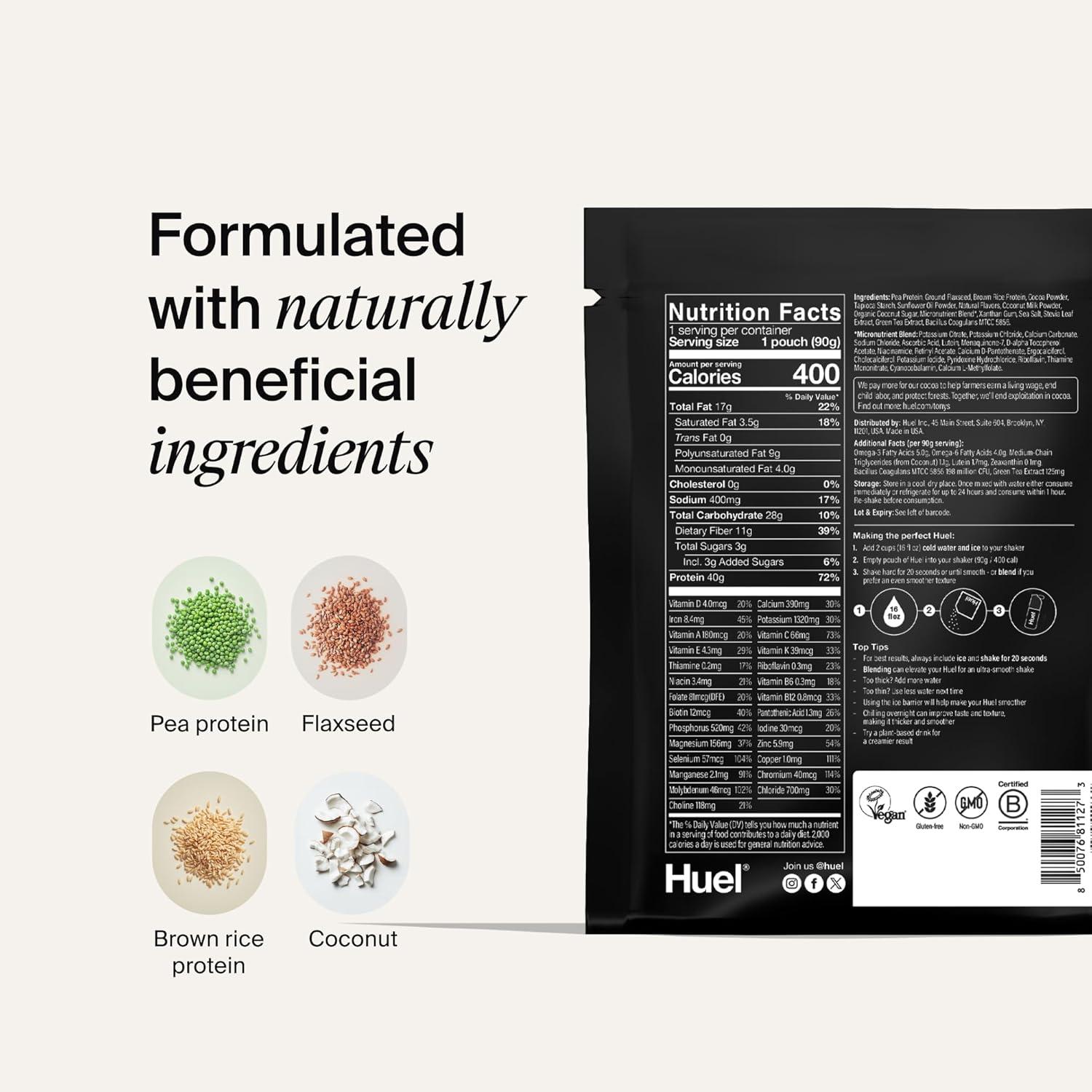 imageHuel Black Edition Variety Pack 40g Vegan Protein Powder Nutritionally Complete Meal Replacement 27 Vitamins and Minerals Gluten Free 16 Single Serving PacketsVariety