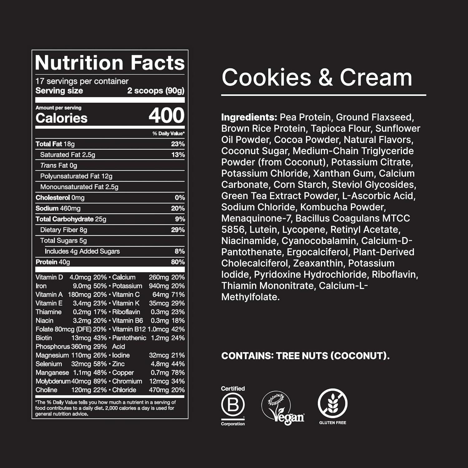 imageHuel Black Edition Variety Pack 40g Vegan Protein Powder Nutritionally Complete Meal Replacement 27 Vitamins and Minerals Gluten Free 16 Single Serving PacketsCookies and Cream
