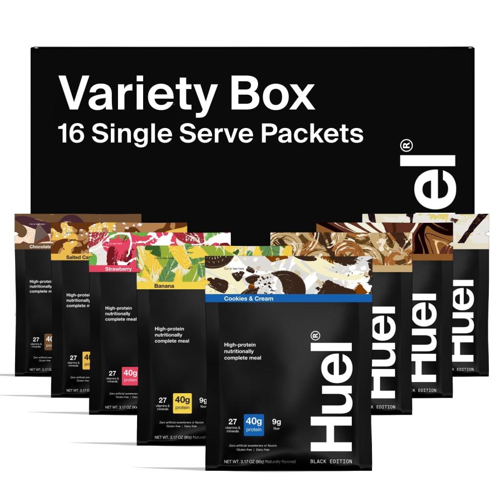 imageHuel Black Edition Variety Pack 40g Vegan Protein Powder Nutritionally Complete Meal Replacement 27 Vitamins and Minerals Gluten Free 16 Single Serving PacketsVariety