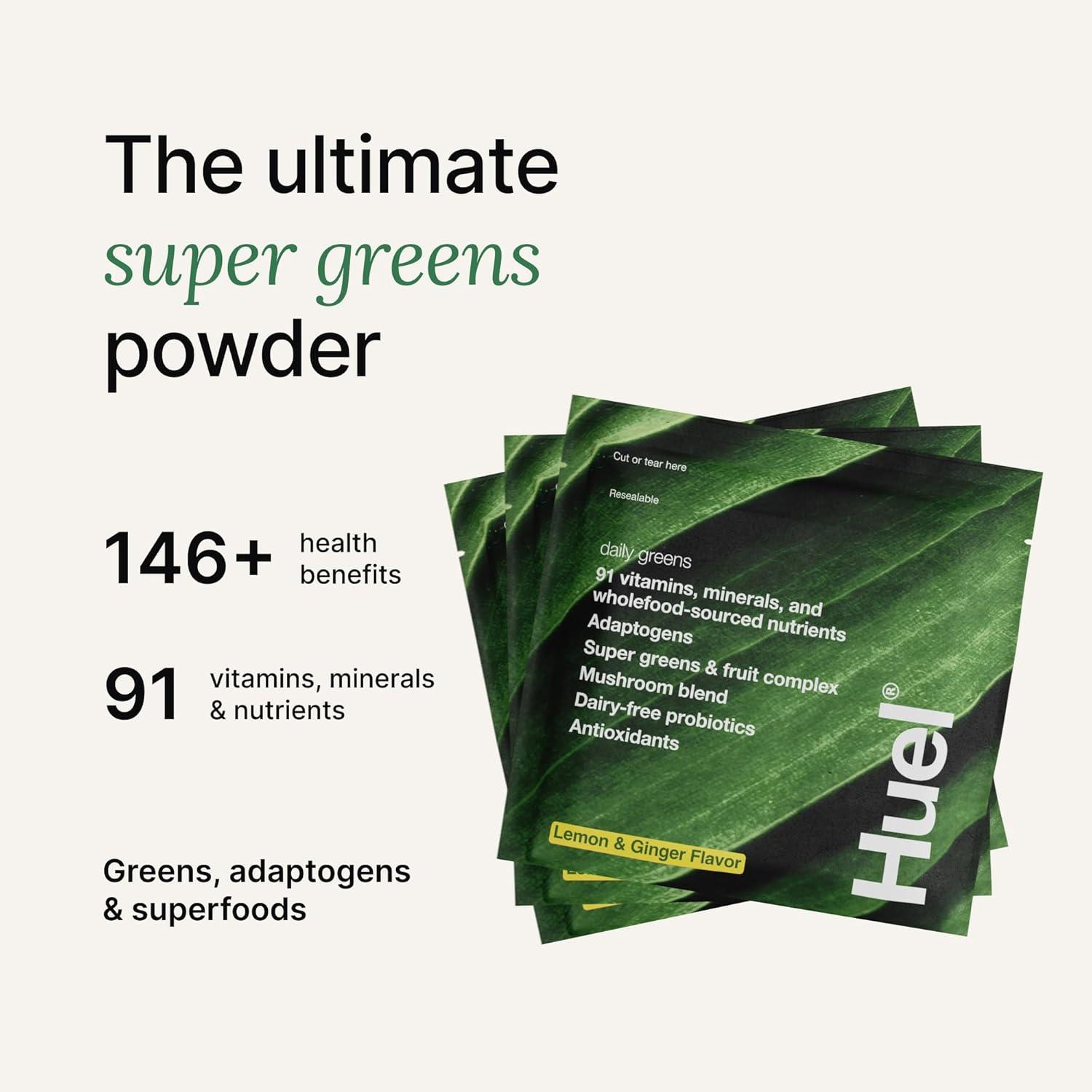 imageHuel Daily Greens Bundle Single Serve Lemon and Ginger Bottle Superfood Greens Powder 91 Vitamins Minerals and WholefoodSourced Ingredients 12 Servings Lockable Lid to Avoid Spills