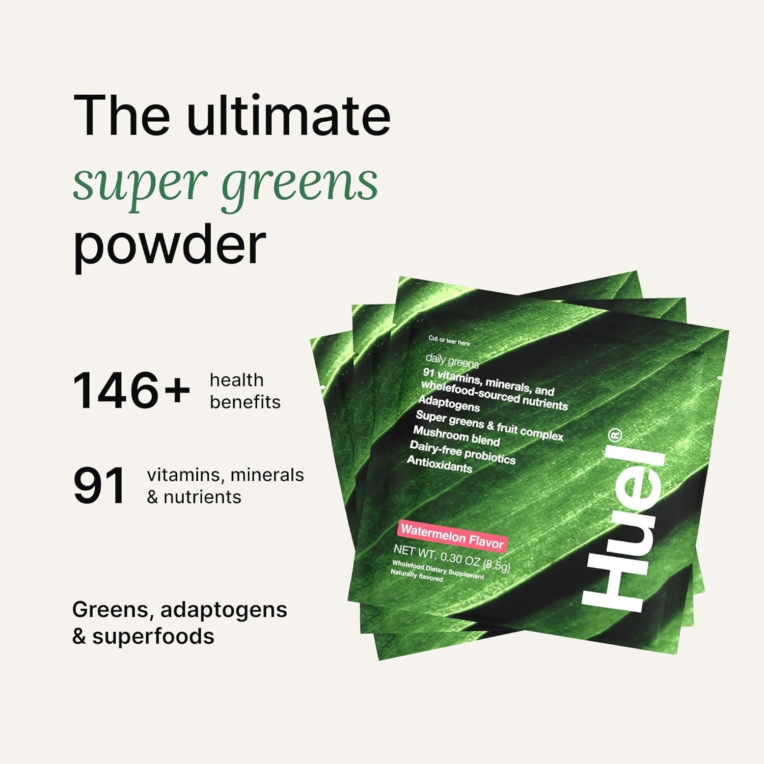 imageHuel Daily Greens Bundle Single Serve Watermelon Bottle Superfood Greens Powder 91 Vitamins Minerals and WholefoodSourced Ingredients 12 Servings Lockable Lid to Avoid Spills BPA Free