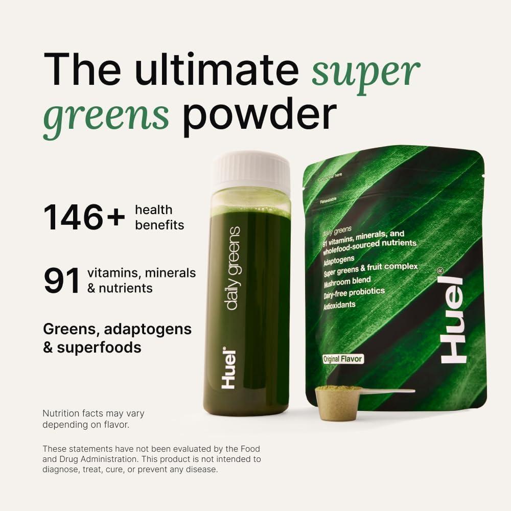 imageHuel Daily Greens Bundle Watermelon Daily Greens Bag Bottle 30 Servings Superfood Greens Powder 91 Vitamins Minerals and WholefoodSourced Ingredient