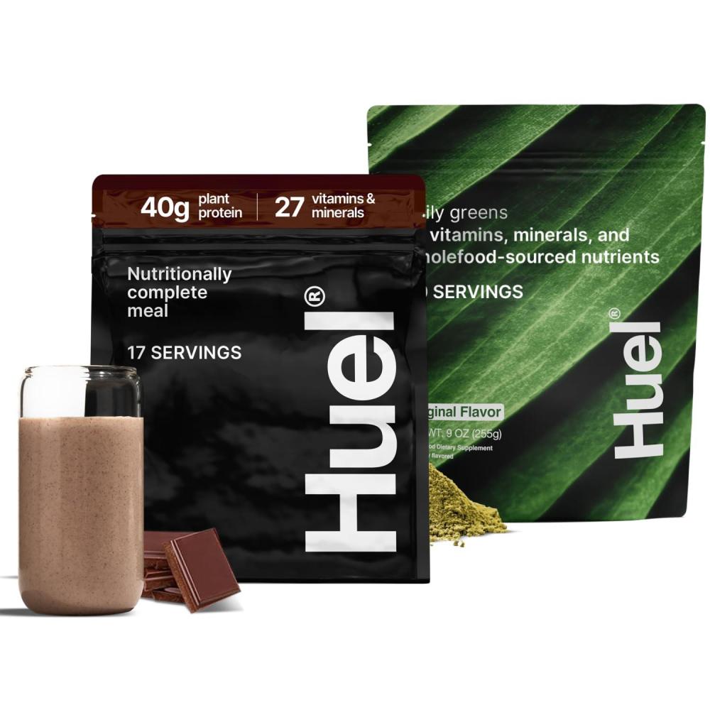 imageHuel 2Pack Black Edition Chocolate Daily Greens Original Nutritionally Complete Meal Replacement Superfood Greens Powder