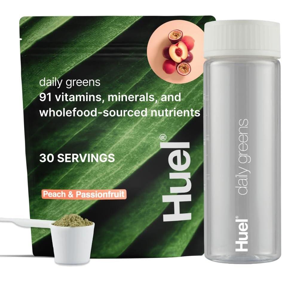 imageHuel Daily Greens Bundle Peach Passionfruit Daily Greens Bag Bottle 30 Servings Superfood Greens Powder 91 Vitamins Minerals and WholefoodSourced Ingredient