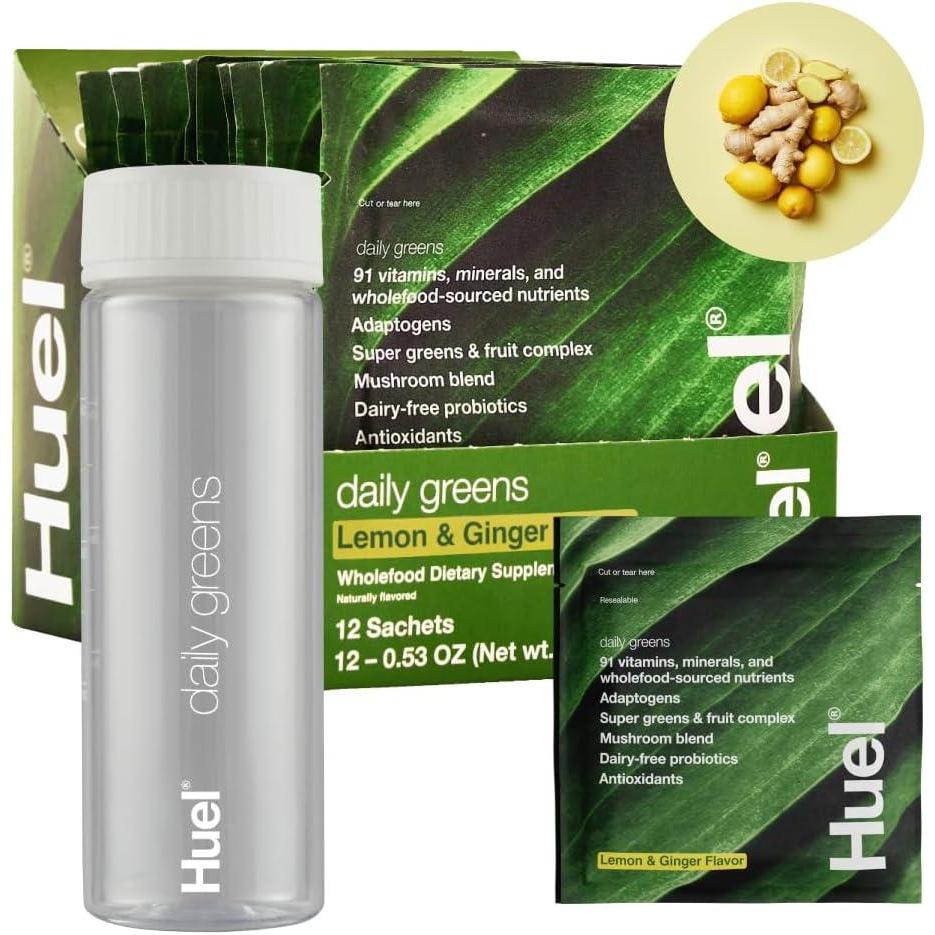 imageHuel Daily Greens Bundle Single Serve Lemon and Ginger Bottle Superfood Greens Powder 91 Vitamins Minerals and WholefoodSourced Ingredients 12 Servings Lockable Lid to Avoid Spills