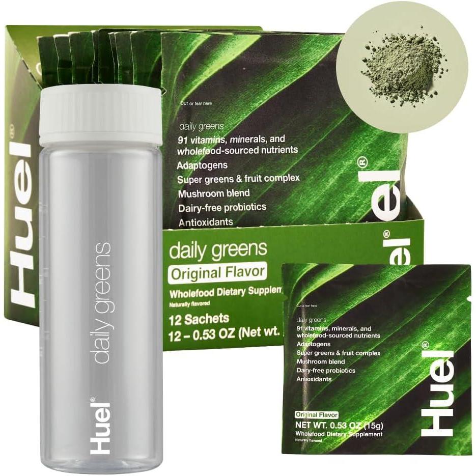 imageHuel Daily Greens Bundle Single Serve Original Bottle Superfood Greens Powder 91 Vitamins Minerals and WholefoodSourced Ingredients 12 Servings Lockable Lid to Avoid Spills BPA Free