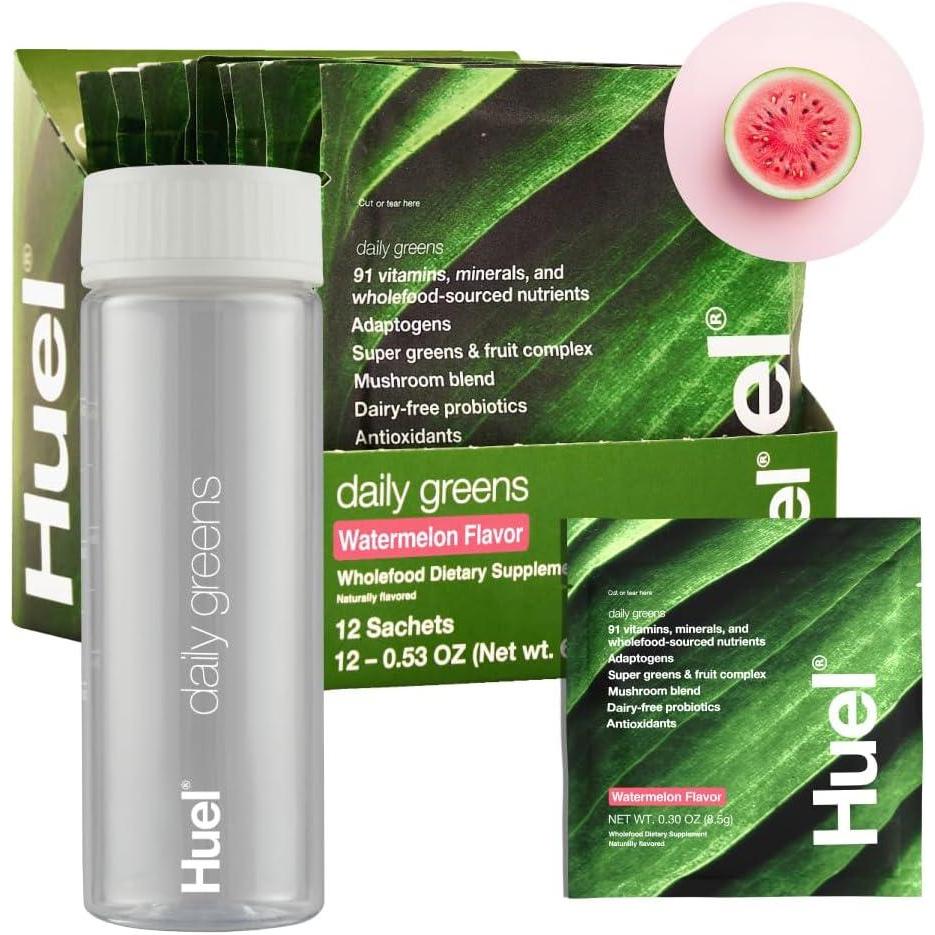 imageHuel Daily Greens Bundle Single Serve Watermelon Bottle Superfood Greens Powder 91 Vitamins Minerals and WholefoodSourced Ingredients 12 Servings Lockable Lid to Avoid Spills BPA Free