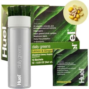 Huel Daily Greens Bundle | Single Serve Lemon and Ginger + Bottle | Superfood Greens Powder | 91 Vitamins, Minerals, and Wholefood-Sourced Ingredients | 12 Servings | Lockable Lid to Avoid Spills